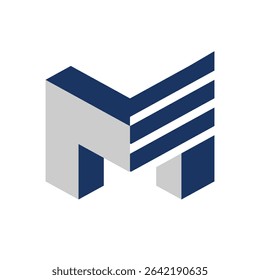 The image shows a flat abstract logo design of an initial letter M in bold shape with stripes in grey and blue color combo that looks clean and bold on a white background 