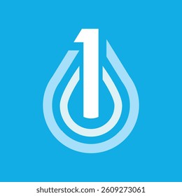 The image shows a flat design of an abstract water drop with a number 1 on it in white color on a blue background