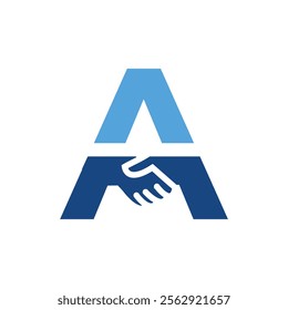 The image shows a flat logo design of an initial letter A in blue colors with a handshake icon on it