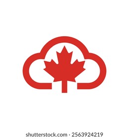 The image shows a flat logo design of a Canadian maple leaf inside a cloud in red color that looks clean on a white background