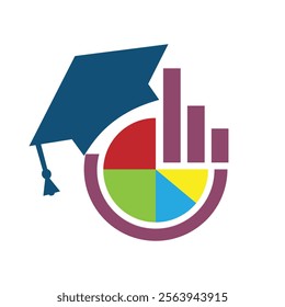 The image shows a flat logo design of a pie chart and graph bar combined with a toga hat that looks clean on a white background