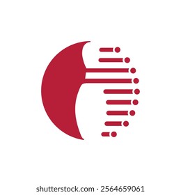 The image shows a flat logo design of a bowling pin in a round shape in red with red and white lines 