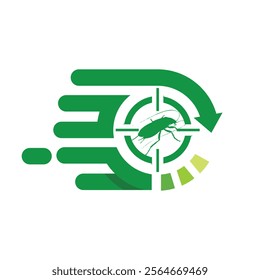 The image shows a flat logo design of a pest exterminator in green color that depicts a bug inside a target mark that reflects accuracy and precision