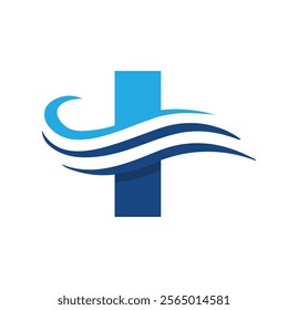 The image shows a flat logo design of a medical cross in blue color with three wavy lines cut through it 