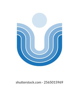 The image shows a flat logo design of an initial letter U in blue color that shapes like an abstract person  