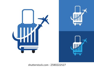 The image shows a flat logo design of a blue travel bag shaped like a book with an airplane flying swoop through it that can be used for book tour logo 