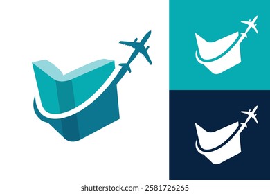 The image shows a flat logo design of a book with an airplane flying swoop through it in blue and aqua color that can be used for book tour logo 