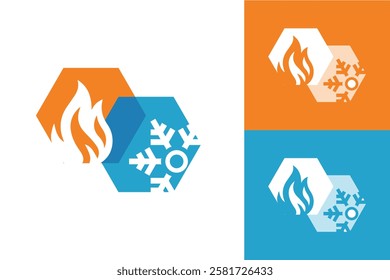 The image shows a flat logo design of two overlaid hexagonal in orange and blue with fire and ice symbol on it. It looks clean on a white background and can be used as a HVAC logo.