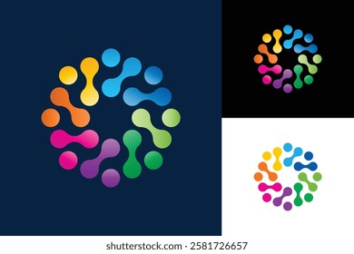 The image shows a flat logo design of many dots and nods in colorful tones forming a round shape on a black background