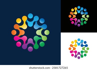 The image shows a flat logo design of eight abstract people of different colors connecting each other forming a round shape symbolizing teamwork and plurality on a black background