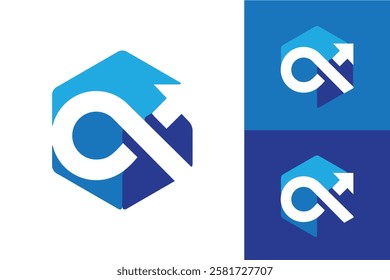 The image shows a flat logo design of an alpha Greek letter with arrow inside a blue hexagonal shape. It looks clean on a white background.