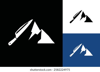 The image shows a flat logo design of a mount with a knife on it as the ridge. It looks clean in a white color on a black background.