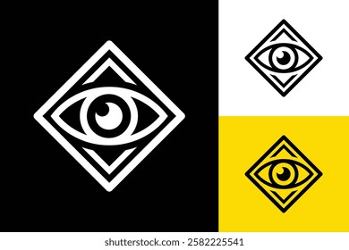 The image shows a flat logo design of an eye shape inside a square diamond shape that looks clean and sharp on a white background