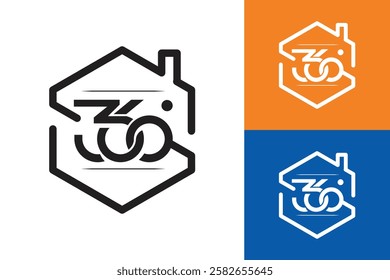 The image shows a flat logo design of a number 360 degree inside a hexagonal house shape. It looks clean and sharp on a white background and can be used for real estate company’s logo.