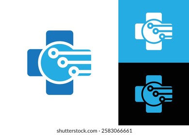 The image shows a flat logo design of a medical cross with transistor line