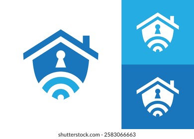 The image shows a flat logo design that depicts a shield shaped house with a keyhole in it and also a sound wave signal in blue color that looks clean on a white background