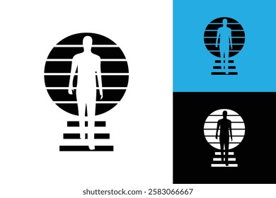 The image shows a flat logo design that depicts a silhouette of man walking down the stairs