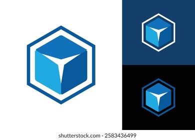 The image shows a flat logo design of a hexagonal shape in blue with a three armed star in white