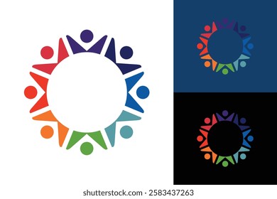 The image shows a flat logo design of eight abstract people connected together forming a circle shape in different bright colors. The logo symbolizes teamwork and looks good on a white background.