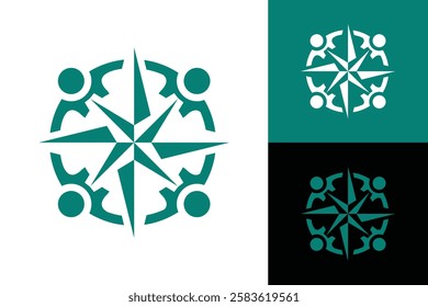 The image shows a flat logo design that depicts four abstract people holding together forming a circle with a compass rose icon on the middle 