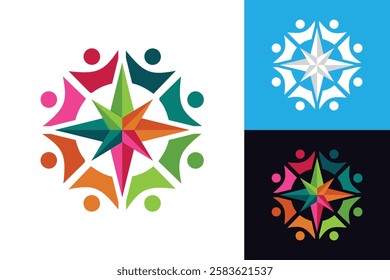 The image shows a flat logo design that depicts eight abstract people holding together forming a circle in various color with a compass rose icon on the middle 