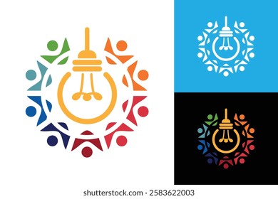 The image shows a flat logo design that depicts nine abstract people holding together forming a circle in various bright color with a lightbulb icon on the middle 