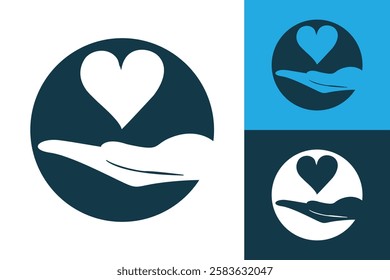 The image shows a flat logo design that depicts a round shape in blue color with a love shape and a hand shape