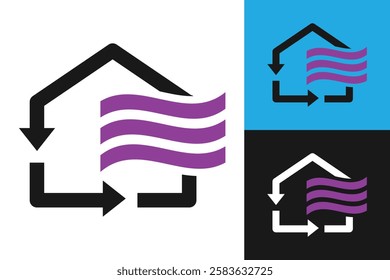 The image shows a flat logo design for HVAC companies that depicts a house shape with air circulation outline and wavy wind flag