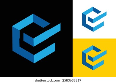 The image shows a flat logo design of an initial letter E with a check mark in blue color that looks clean and sharp on a black background