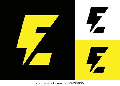 The image shows a flat logo design of an initial letter E with a flash icon in yellow color. The logo can be used for electrical companies as it looks clean and sharp on a black background.