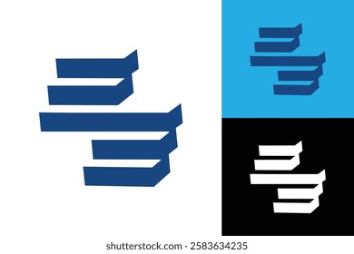 The image shows a flat logo design of an initial letter EE that shapes like a staircase in blue color that looks clean and sharp on a white background