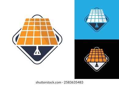 The image shows a flat logo design of a solar panel in orange color inside a blue square shape. The logo can be used for solar energy related purposes as it looks nice and clean on a white background.