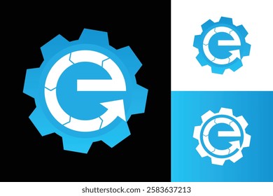 The image shows a flat logo design of an initial e in lowercase in white color on a blue gear shape. The logo looks clean and sharp on a white background and can be used for machinery related purposes