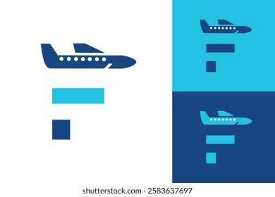 The image shows a flat logo design of an initial letter F in blue color in airplane shape 