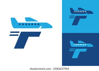 The image shows a flat logo design of an initial letter F in blue color in a plane shape 