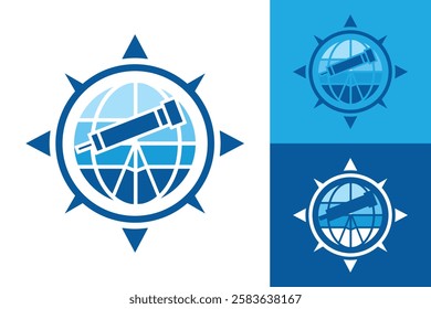 The image shows a flat logo design of a telescope inside a round globe compass shape in blue color. The logo looks clean and sharp on a white background and can be used for navigation related purposes