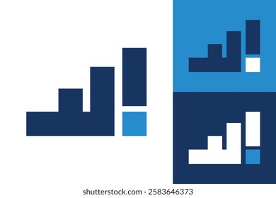 The image shows a flat logo design of a sleeping letter F with an exclamation mark in blue color that looks like a graph bar