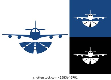 The image shows a flat logo design in round shape of an airplane taking off from the runway in an airport.