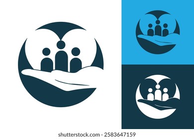 The image shows a flat logo design that depicts a round shape in blue color with love icon and a hand shape holding abstract people in white color