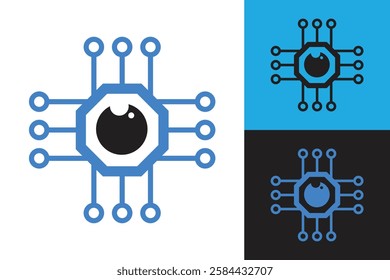 The image shows a flat logo design of a blue eye ball in octagonal shapes with transistor lines in black color 