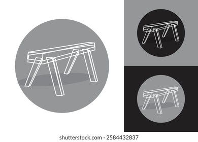 The image shows a flat logo design of a white woodworking bench inside a grey circle