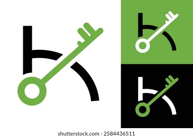 The image shows a flat logo design of an initial letter K with a green key as one of its arms on a white background