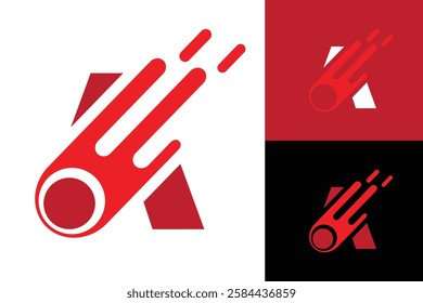 The image shows a flat logo design of an initial letter A in red color with a meteor falling on it that looks clean and sharp on a white background