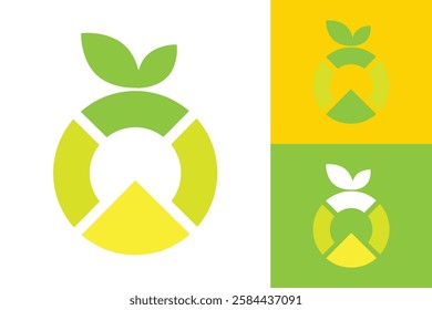 The image shows a flat logo design of a fruit in round shape presumably an apple in green and yellow with a triangle and leaves that looks clean and sharp on a white background