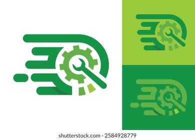 The image shows a flat logo design that depicts a wrench and cog in speed style in green color that looks fresh and clean on a white background