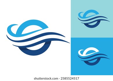 The image shows a flat logo design that depicts a letter O in blue color with three wavy waves cut through on a white background