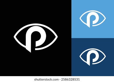 The image shows a flat logo design of an eye shape with a bold letter P in it in white color 