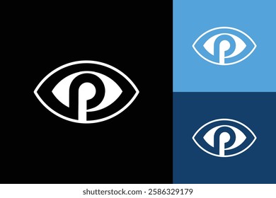 The image shows a flat logo design of an eye shape with a bold letter P as the eyeball in white color 