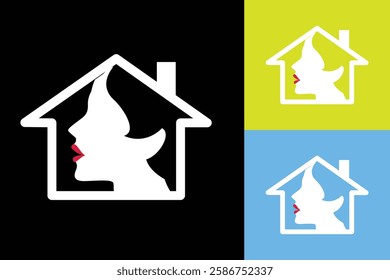 The image shows a flat logo design of a house shape with a woman head inside it in white color on a black background