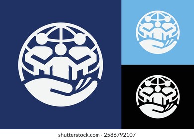 
The image shows a flat logo design of abstract people inside a globe with a hand holding them. The logo is in white color and looks clean on a dark blue background.
